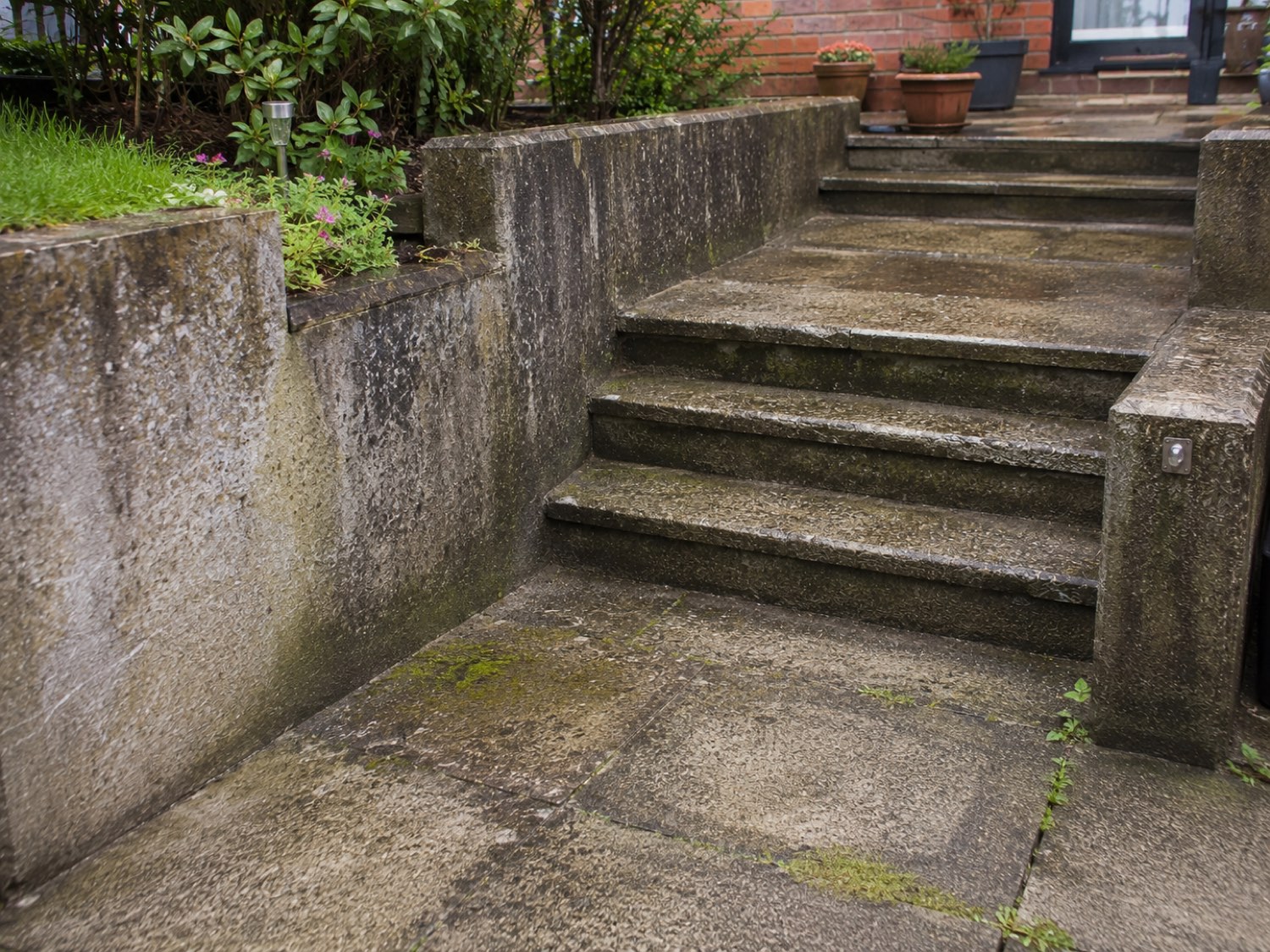 Garden walls and steps before cleaning — algae and staining